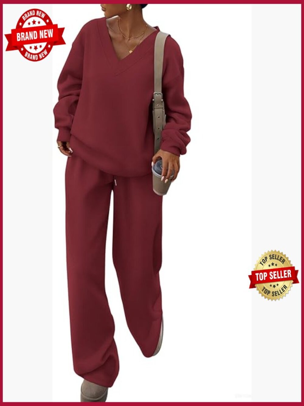 V Neck Sweatshirt & Wide Leg Sweatpants Two Piece Set Loungewear